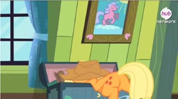 Size: 520x289 | Tagged: safe, screencap, applejack, earth pony, pony, somepony to watch over me, female, hub logo, mare, plot, solo