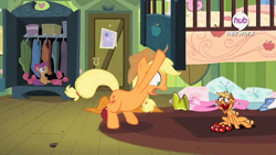 Size: 879x494 | Tagged: safe, applejack, scootaloo, earth pony, pony, somepony to watch over me, .mov, exploitable, hub logo, jappleack, under the bed