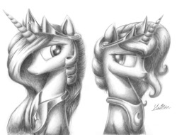 Size: 1024x779 | Tagged: safe, artist:lollipony, princess celestia, princess luna, alicorn, pony, grayscale, monochrome, tongue out, traditional art