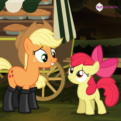 Size: 549x548 | Tagged: safe, screencap, apple bloom, applejack, earth pony, pony, somepony to watch over me, fireproof boots, hub logo, hub network, the hub