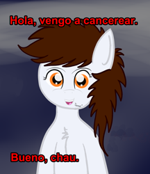 Size: 1106x1280 | Tagged: safe, oc, oc only, oc:cancer, earth pony, pony, abstract background, female, mare, solo, spanish, translated in the comments