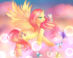 Size: 2478x1984 | Tagged: safe, artist:renrensnow, fluttershy, butterfly, pegasus, pony, cloud, cloudy, sky, solo, stars