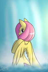 Size: 1000x1500 | Tagged: safe, artist:silverfox057, fluttershy, pegasus, pony, semi-anthro, female, looking at you, looking back, looking back at you, rear view, signature, solo, waterfall, wings