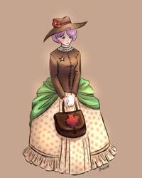 Size: 1024x1280 | Tagged: dead source, safe, artist:mikakitty, fluttershy, human, bag, brown background, clothes, dress, female, hat, humanized, medic, simple background, solo, wild west