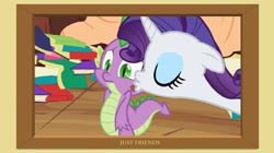 Size: 1639x921 | Tagged: safe, artist:doublewbrothers, edit, edited screencap, screencap, rarity, spike, dragon, pony, unicorn, secret of my excess, female, just friends, kiss on the cheek, kissing, male, picture frame, shipping, sparity, straight