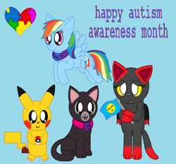 Size: 1024x955 | Tagged: safe, artist:pokemonlpsfan, derpibooru import, rainbow dash, cat, pegasus, pikachu, pony, autism, autism awareness month, backwards cutie mark, crossover, pokémon, puzzle piece