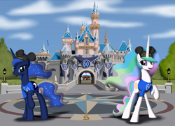 Size: 1600x1160 | Tagged: safe, artist:avastindy, princess celestia, princess luna, alicorn, pony, castle, celebration, diamond, disneyland