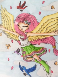 Size: 1024x1365 | Tagged: safe, artist:everdreamyartist, fluttershy, equestria girls, flying, humanized, solo, traditional art, winged humanization