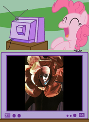Size: 563x770 | Tagged: safe, pinkie pie, earth pony, pony, clothes, costume, exploitable meme, flower, genesis, laughing, meme, obligatory pony, peter gabriel, supper's ready, tv meme