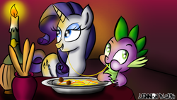 Size: 1276x720 | Tagged: safe, artist:lennonblack, rarity, spike, dragon, pony, unicorn, female, lady and the tramp, male, shipping, sparity, straight