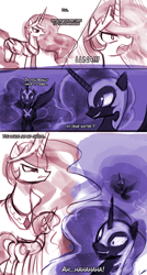 Size: 774x1440 | Tagged: safe, artist:lumineko, nightmare moon, princess celestia, alicorn, pony, angry, comic, glare, grin, gritted teeth, laughing, open mouth, smiling, wide eyes