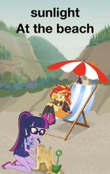 Size: 920x1458 | Tagged: safe, editor:php77, drama letter, sci-twi, sunset shimmer, twilight sparkle, valhallen, watermelody, better together, equestria girls, x marks the spot, blurry background, book, boots, clothes, deck chair, geode of telekinesis, glasses, magical geodes, ponytail, sandals, sandcastle, shoes, shovel, swimsuit, umbrella