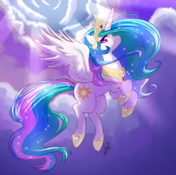 Size: 945x940 | Tagged: safe, artist:whitephox, princess celestia, alicorn, pony, cloud, crepuscular rays, crown, female, flying, hoof shoes, jewelry, mare, profile, regalia, sky, solo