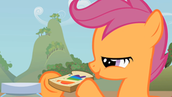 Size: 800x450 | Tagged: safe, screencap, scootaloo, pegasus, pony, family appreciation day, bread, female, filly, lidded eyes, mid-blink screencap, solo, tongue out, zap apple jam