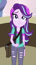 Size: 608x1080 | Tagged: safe, screencap, starlight glimmer, equestria girls, mirror magic, spoiler:eqg specials, bag, beanie, clothes, cropped, cute, eyeshadow, female, glimmerbetes, hat, lidded eyes, looking at you, looking up, looking up at you, makeup, redemption, smiling, solo