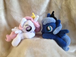 Size: 1024x768 | Tagged: safe, artist:rainbow-rocket, princess celestia, princess luna, beanie (plushie), cewestia, filly, irl, photo, plushie, prone, woona