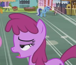 Size: 501x426 | Tagged: safe, screencap, berry punch, berryshine, carrot top, golden harvest, minuette, earth pony, pony, unicorn, ponyville confidential, animation error, cropped, female, mare, open mouth, solo focus, wrong eye color