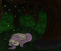 Size: 800x665 | Tagged: safe, artist:darebel-red, fluttershy, firefly (insect), insect, pegasus, pony, forest, sleeping, solo, tree