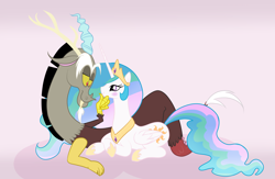 Size: 4600x3000 | Tagged: safe, artist:zigrock, discord, princess celestia, alicorn, pony, blushing, dislestia, female, male, pixiv, shipping, simple background, straight