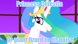 Size: 960x540 | Tagged: safe, screencap, princess celestia, alicorn, pony, blue text, image macro, solo, wat