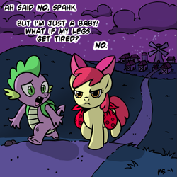 Size: 945x945 | Tagged: safe, artist:megasweet, apple bloom, spike, dragon, earth pony, pony, angry, apple bloom is not amused, backpack, comic, complaining, duo, female, filly, implied shipping, implied spikebloom, male, night, saddle bag, walking, windmill