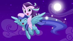 Size: 662x374 | Tagged: safe, artist:jhayarr23, starlight glimmer, oc, oc:sierra nightingale, pegasus, pony, unicorn, canon x oc, cute, duo, flying, glimmerbetes, glimmgale, happy, moon, ocbetes, one eye closed, ponies riding ponies, wings, wink