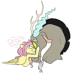 Size: 1190x1200 | Tagged: safe, artist:princess-hanners, discord, fluttershy, pegasus, pony, angry, badass, crying, dialogue, flutterbadass, looking at each other, simple background, sweat, transparent background