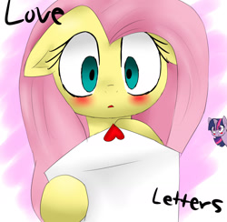 Size: 1600x1560 | Tagged: safe, artist:farfromserious, derpibooru import, fluttershy, twilight sparkle, pegasus, pony, blushing, female, heart, lesbian, letter, mail, shipping, twishy