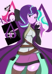 Size: 739x1052 | Tagged: safe, artist:holo, starlight glimmer, equestria girls, assassin, assassin's creed, clothes, crossover, cute, female, glimmerbetes, looking at you, miniskirt, skirt, smiling, socks, solo, thigh highs, zettai ryouiki