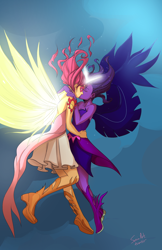 Size: 1320x2040 | Tagged: safe, artist:swain, midnight sparkle, sci-twi, sunset shimmer, twilight sparkle, human, equestria girls, daydream shimmer, female, horned humanization, humanized, kissing, lesbian, midnightdaydream, scitwishimmer, shipping, sunsetsparkle, winged humanization, wings
