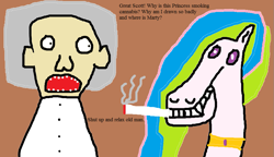 Size: 965x554 | Tagged: safe, princess celestia, alicorn, pony, 1000 hours in ms paint, abomination, back to the future, badly drawn, cigarette, doc brown, marijuana, meta, ms paint, quality, smoking, stoned, stylistic suck, wat, why