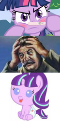 Size: 783x1576 | Tagged: safe, edit, edited screencap, screencap, starlight glimmer, twilight sparkle, human, pony, lesson zero, baby, baby pony, blushing, cute, diaper, implied pregnancy, josef stalin, meme, needs more jpeg, offspring, parent:josef stalin, parent:twilight sparkle, pregnant, stalin glimmer, surprised, wtf