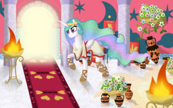 Size: 1920x1200 | Tagged: safe, artist:mattbas, princess celestia, alicorn, pony, .svg available, backlighting, banner, clothes, laurel wreath, raised hoof, shield, solo, toga, vector