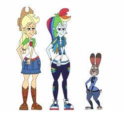 Size: 2481x2321 | Tagged: safe, artist:hunterxcolleen, derpibooru import, applejack, rainbow dash, better together, equestria girls, animaniacs, crossover, dancing, judy hopps, macarena, parody, zootopia