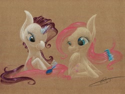 Size: 1280x960 | Tagged: safe, artist:getchanoodlewet, fluttershy, rarity, pegasus, pony, unicorn, brush, magic, traditional art