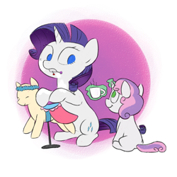 Size: 800x800 | Tagged: safe, artist:pokekid963, rarity, sweetie belle, pony, unicorn, coffee, magic, mannequin, mouth hold, pin, ponyquin, telekinesis, working