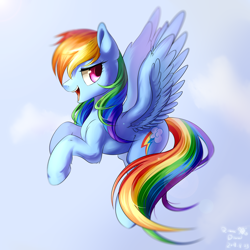 Size: 2148x2148 | Tagged: safe, artist:rikadiane, derpibooru import, rainbow dash, pegasus, pony, female, flying, mare, smiling, solo, spread wings, wings