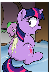 Size: 310x443 | Tagged: safe, artist:muffinshire, derpibooru import, spike, twilight sparkle, unicorn twilight, dragon, unicorn, comic:twilight's first day, baby, baby spike, cropped, filly, filly twilight sparkle, mama twilight, vomit, younger