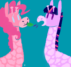 Size: 3006x2821 | Tagged: safe, artist:comikazia, derpibooru import, pinkie pie, twilight sparkle, giraffe, eating, giraffe pie, giraffied, grazing, herbivore, leaf, species swap