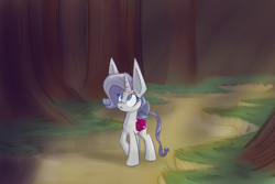 Size: 1002x668 | Tagged: safe, artist:heir-of-rick, rarity, crystal pony, pony, clarity, forest, golem, miss pie's monsters, newbie artist training grounds, saddle bag, solo, species swap