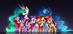 Size: 6000x2813 | Tagged: safe, artist:duskie-06, derpibooru import, applejack, fluttershy, pinkie pie, princess celestia, princess luna, rainbow dash, rarity, sunset shimmer, twilight sparkle, twilight sparkle (alicorn), alicorn, earth pony, pegasus, pony, unicorn, absurd resolution, female, group, looking at you, mane six, mare, open mouth, reflection, royal sisters, smiling