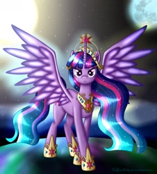 Size: 1400x1550 | Tagged: safe, artist:leffenkitty, derpibooru import, twilight sparkle, twilight sparkle (alicorn), alicorn, pony, big crown thingy, crown, element of magic, epic, female, looking at you, mare, moon, solo, space, sun