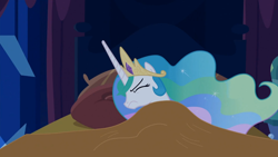 Size: 1366x768 | Tagged: safe, screencap, princess celestia, alicorn, pony, twilight's kingdom, bed, solo