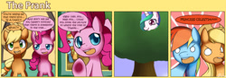 Size: 1400x489 | Tagged: safe, artist:solar-slash, applejack, pinkie pie, princess celestia, rainbow dash, alicorn, earth pony, pegasus, pony, comic:the prank, artifact, comic, trollestia