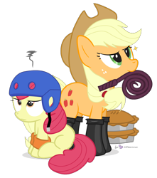 Size: 920x1040 | Tagged: safe, artist:dm29, apple bloom, applejack, earth pony, pony, somepony to watch over me, duo, fireproof boots, helmet, knee pads, overprotective, pie, simple background, that was fast, transparent background, whip