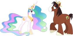 Size: 1600x799 | Tagged: safe, artist:missgoldendragon, princess celestia, trouble shoes, alicorn, earth pony, pony, simple background, size comparison, size difference, transparent background, vector