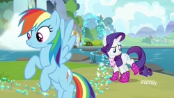 Size: 1920x1080 | Tagged: safe, derpibooru import, screencap, rainbow dash, rarity, pegasus, pony, unicorn, the end in friend, azurantium, boomerang (tv channel), boots, female, glitter, glitter boots, mare, neckerchief, outdoors, river, shoes, sparkles, stepping stones, waterfall, youtube link
