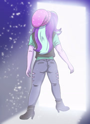 Size: 1653x2283 | Tagged: safe, artist:sumin6301, starlight glimmer, equestria girls, mirror magic, spoiler:eqg specials, ass, away from viewer, beanie, clothes, female, glimmer glutes, hat, light, pants, shirt, solo, vest