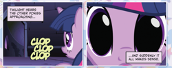 Size: 1193x474 | Tagged: safe, derpibooru import, idw, twilight sparkle, ani-manga, clop, close-up, comic, eyes, official, out of context, text, the magic begins