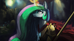 Size: 1920x1080 | Tagged: safe, artist:hierozaki, princess celestia, alicorn, pony, armor, cake, cakelestia, magic, solo